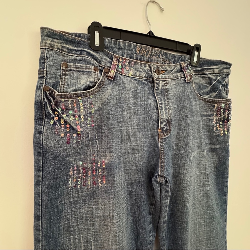 Apollo Jeans Bootcut Blue‎ Denim Rhinestone Embellished Distressed Women’s 18 - Picture 3 of 13